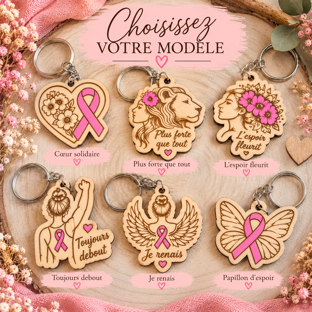 Porte-clés en bois – Les Guerrières | Collection Octobre Rose