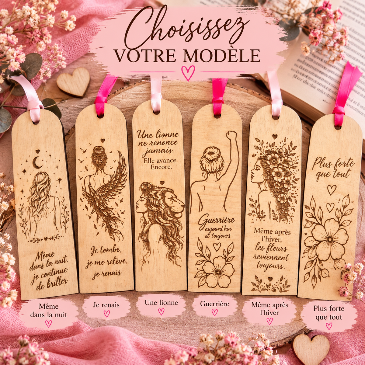 Marque-page en bois – Les Guerrières | Collection Octobre Rose