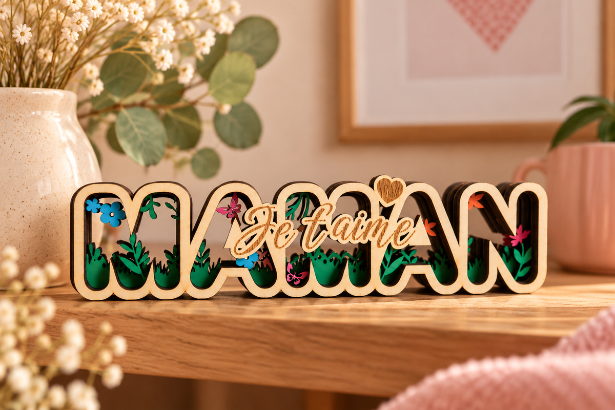 MAMAN en relief – Décoration multicouche en bois faite main