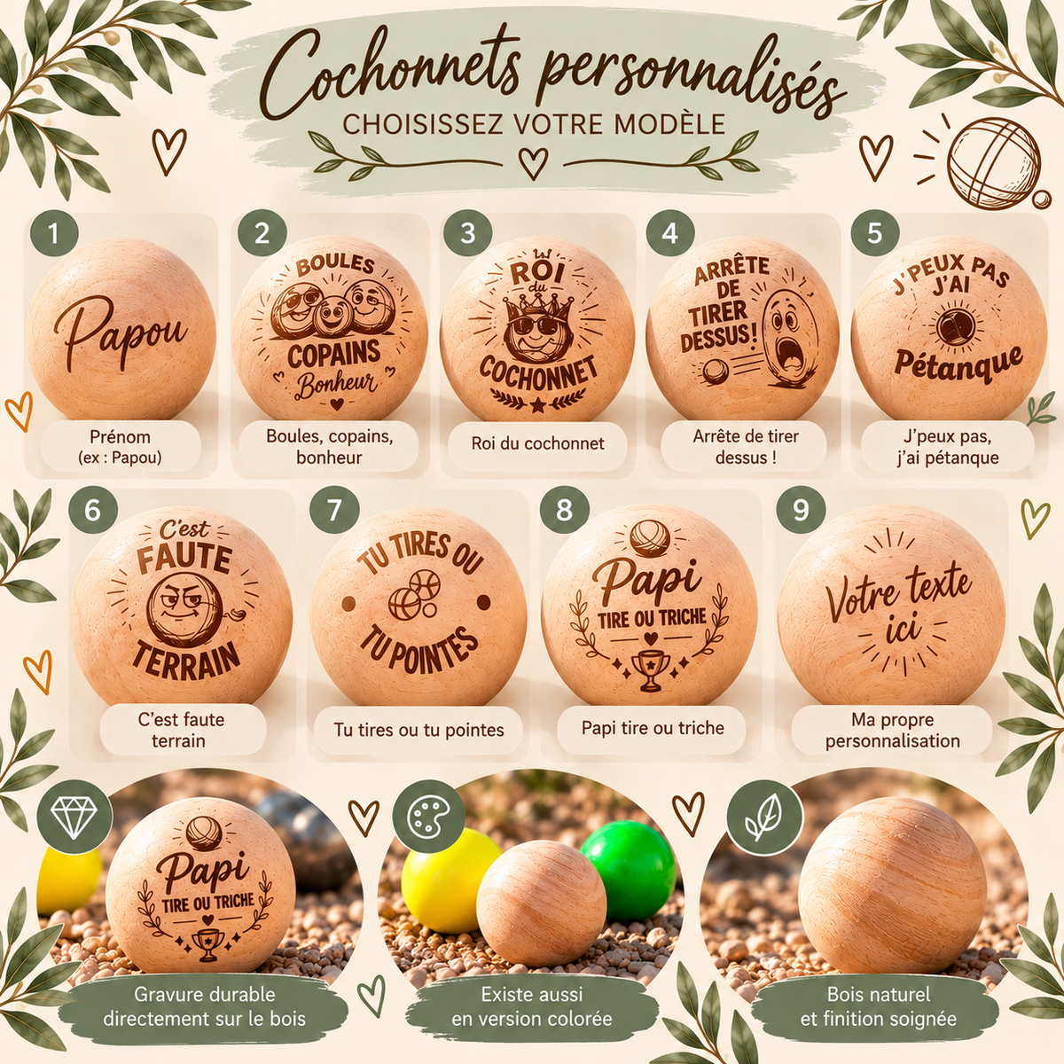 Cochonnet de pétanque personnalisé en bois – Gravure au choix