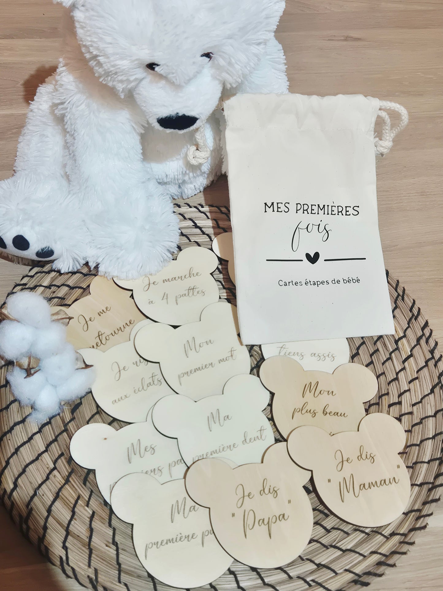 Lot cartes étapes bébé « Mes premières fois & 12 mois » – En bois fait main