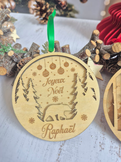 Boule de Noël « Paysage enchanté » – En bois relief, fait main