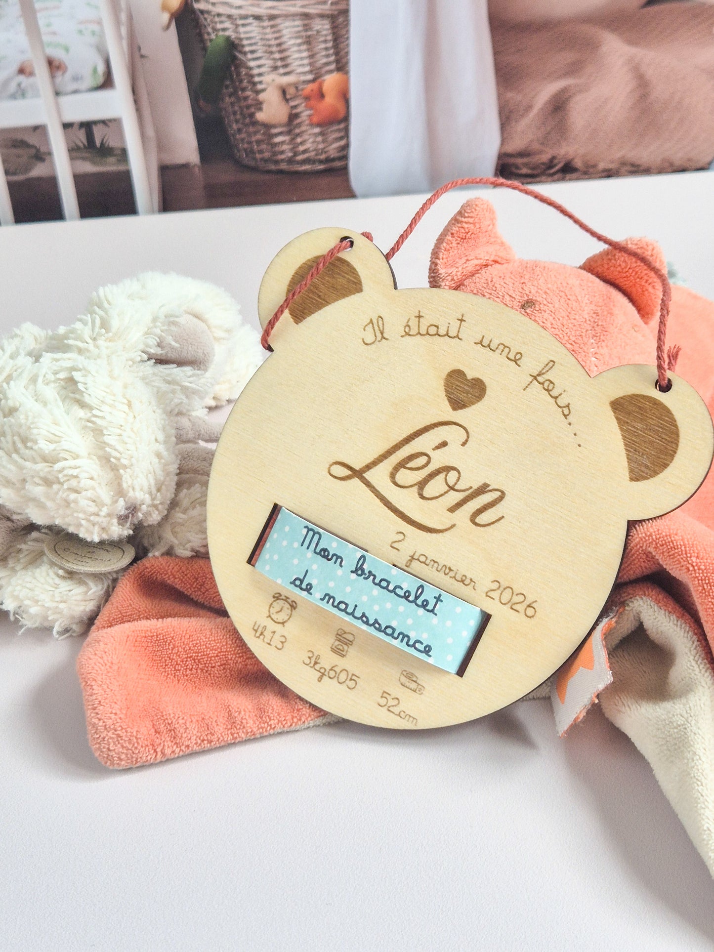 Carte en bois – "Bracelet de naissance" personnalisé