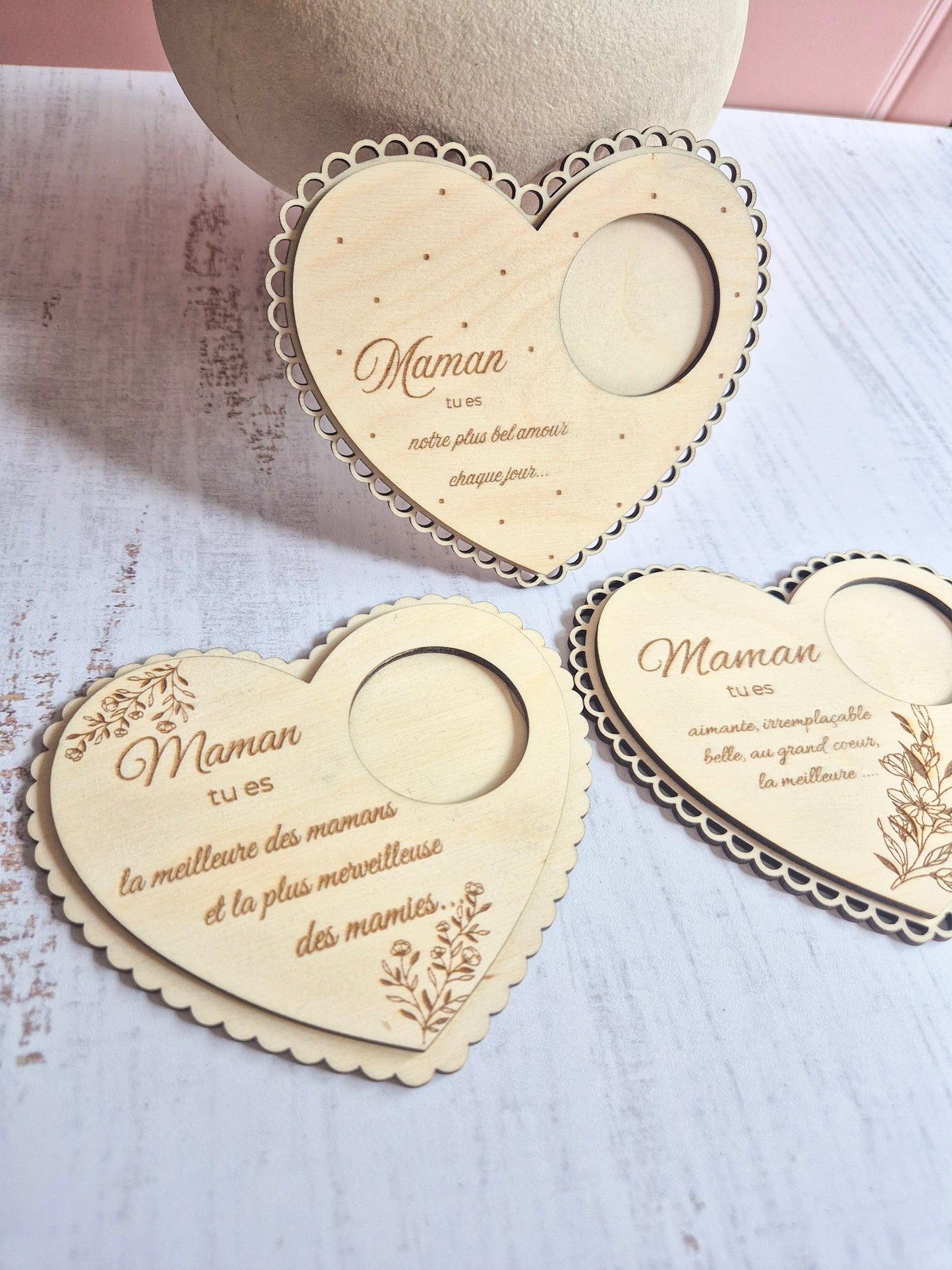 Photophore en bois - Cœur dentelle