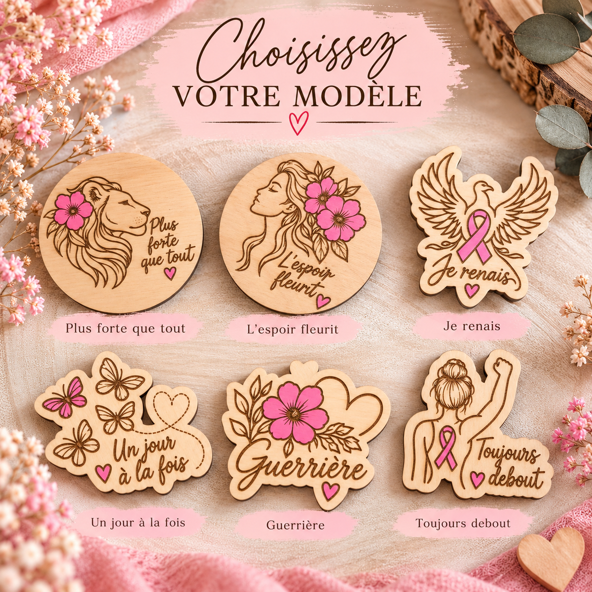 Magnets en bois – Les Guerrières | Collection Octobre Rose