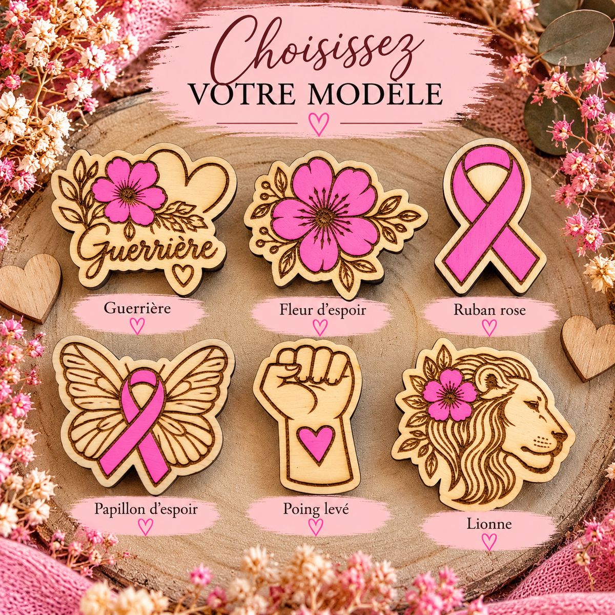 Pin’s en bois – Les Guerrières | Collection Octobre Rose