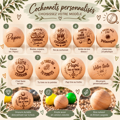 Cochonnet de pétanque personnalisé en bois – Gravure au choix